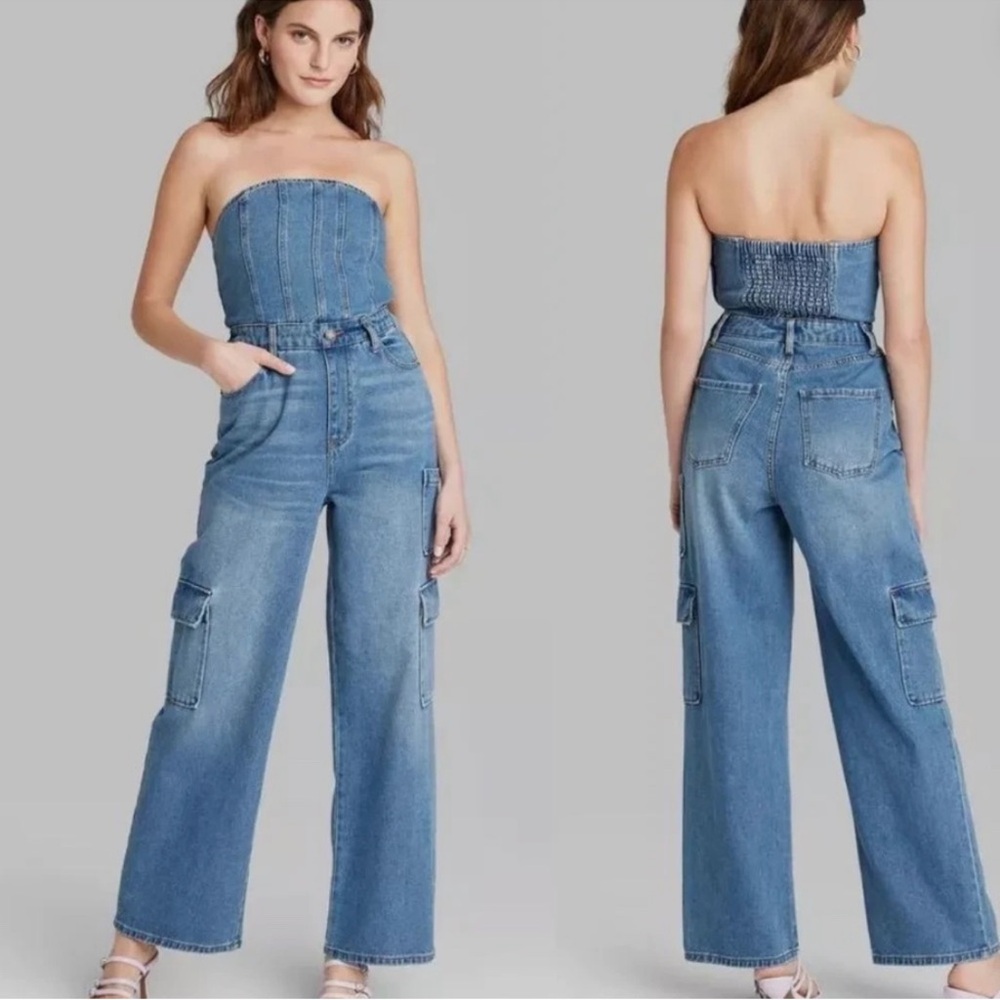 Strapless Light Blue Denim Cargo Jeans Jumpsuit